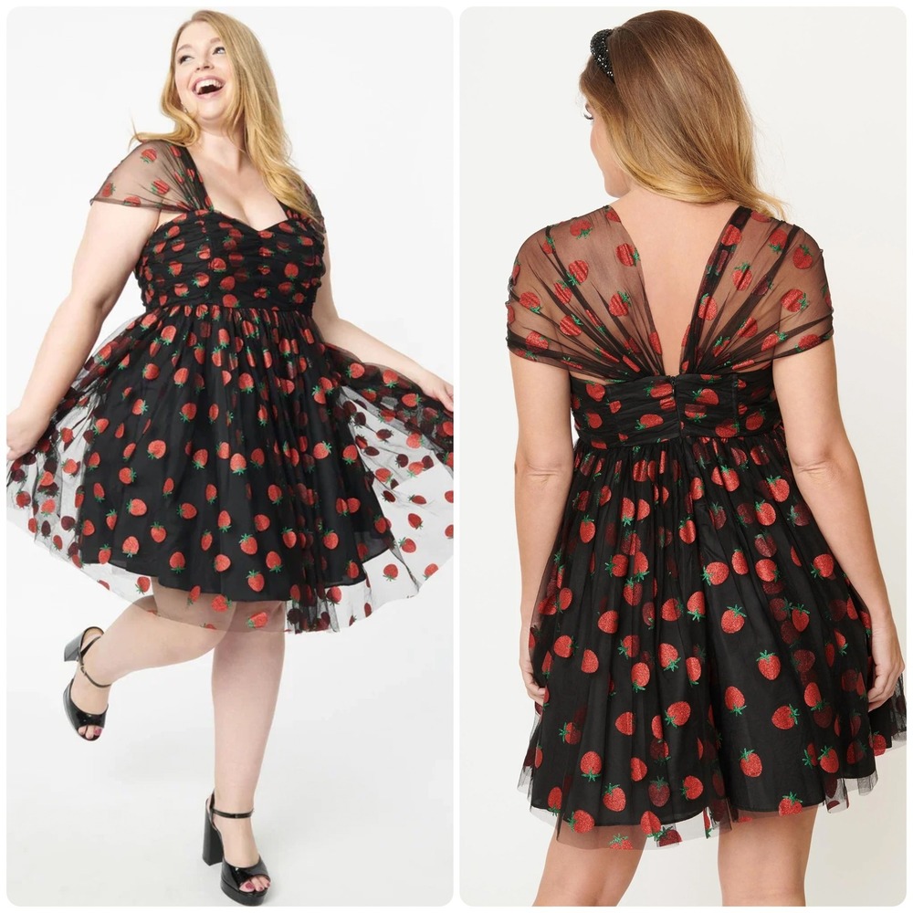 Unique Vintage Womens Black Glitter Strawberry Twee Cottagecore Swing Dress 4X